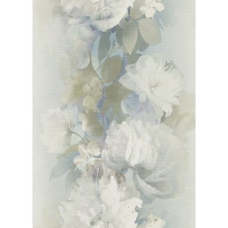   Álmodozva lebegő akvarell peóniák finom textil háttéren fehér kék szürkéskék és drapp tónus csillogó hatás tapéta