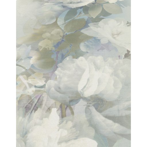 Álmodozva lebegő akvarell peóniák finom textil háttéren fehér kék szürkéskék és drapp tónus csillogó hatás tapéta