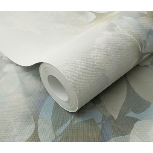 Álmodozva lebegő akvarell peóniák finom textil háttéren fehér kék szürkéskék és drapp tónus csillogó hatás tapéta