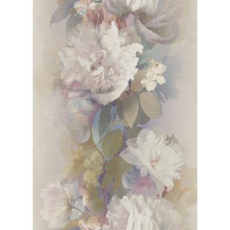   Álmodozva lebegő akvarell peóniák finom textil háttéren pasztell rózsaszín lágy lila szürkéskék khaki és olívzöld csillogó hatás tapéta