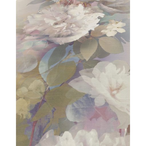 Álmodozva lebegő akvarell peóniák finom textil háttéren pasztell rózsaszín lágy lila szürkéskék khaki és olívzöld csillogó hatás tapéta