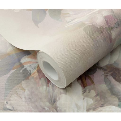 Álmodozva lebegő akvarell peóniák finom textil háttéren pasztell rózsaszín lágy lila szürkéskék khaki és olívzöld csillogó hatás tapéta