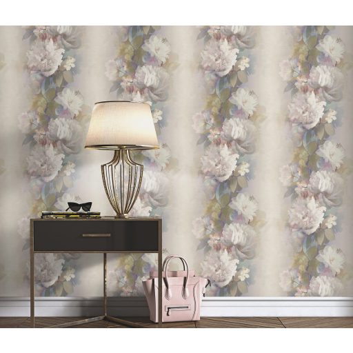 Álmodozva lebegő akvarell peóniák finom textil háttéren pasztell rózsaszín lágy lila szürkéskék khaki és olívzöld csillogó hatás tapéta