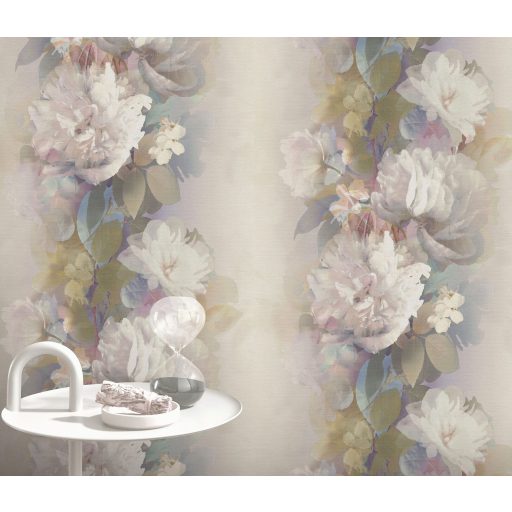 Álmodozva lebegő akvarell peóniák finom textil háttéren pasztell rózsaszín lágy lila szürkéskék khaki és olívzöld csillogó hatás tapéta