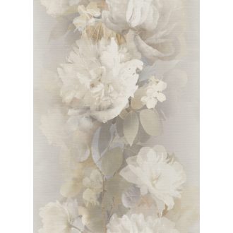   Álmodozva lebegő akvarell peóniák finom textil háttéren krémfehér pezsgő szürkészöld drapp és bézs/szürkésbézs csillogó hatás tapéta