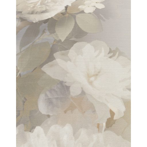 Álmodozva lebegő akvarell peóniák finom textil háttéren krémfehér pezsgő szürkészöld drapp és bézs/szürkésbézs csillogó hatás tapéta