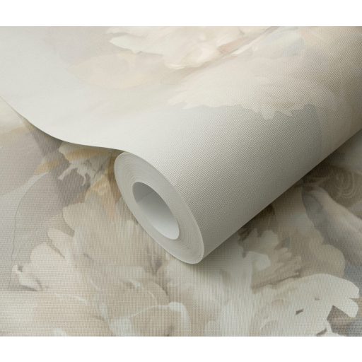 Álmodozva lebegő akvarell peóniák finom textil háttéren krémfehér pezsgő szürkészöld drapp és bézs/szürkésbézs csillogó hatás tapéta