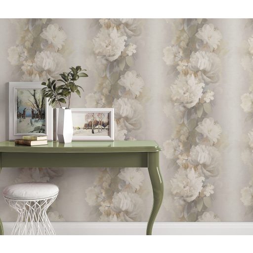 Álmodozva lebegő akvarell peóniák finom textil háttéren krémfehér pezsgő szürkészöld drapp és bézs/szürkésbézs csillogó hatás tapéta