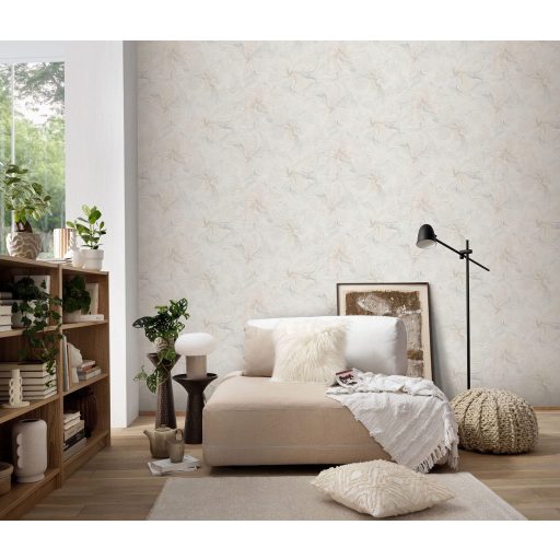 Szinte láthatatlan finoman rajzolt akvarell virág/szirom motívum krémfehér lágy bézs pezsgő és gyöngyház tónus csiilogó hatás tapéta