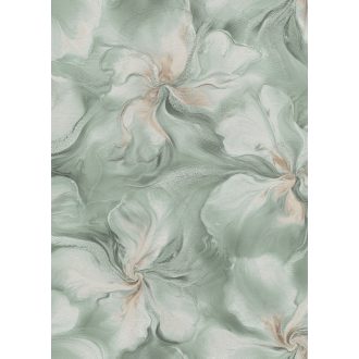   Szinte láthatatlan finoman rajzolt akvarell virág/szirom motívum krémfehér mentazöld és barack/korallszín tónus csiilogó hatás tapéta