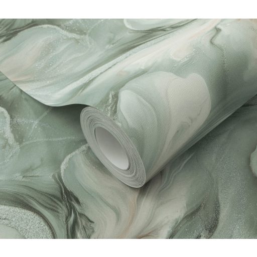 Szinte láthatatlan finoman rajzolt akvarell virág/szirom motívum krémfehér mentazöld és barack/korallszín tónus csiilogó hatás tapéta