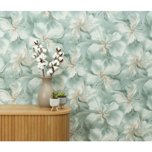 Szinte láthatatlan finoman rajzolt akvarell virág/szirom motívum krémfehér mentazöld és barack/korallszín tónus csiilogó hatás tapéta