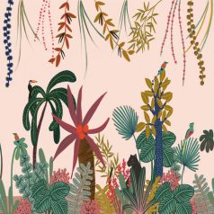   Megkapó trópusi panoráma fekete párduccal óriási levelekkel liánokkal és szines virágokkal krém/bézs és sokszínű tónus "S" falpanel