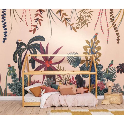 Megkapó trópusi panoráma fekete párduccal óriási levelekkel liánokkal és szines virágokkal krém/bézs és sokszínű tónus "S" falpanel