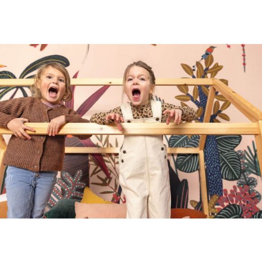 Megkapó trópusi panoráma fekete párduccal óriási levelekkel liánokkal és szines virágokkal krém/bézs és sokszínű tónus "S" falpanel