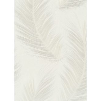   Finom rajzolatú tollszerkezetre emlékeztető nagyformátumú levél mintázat bézs és törtfehér tónus selyemfényű csillogás tapéta