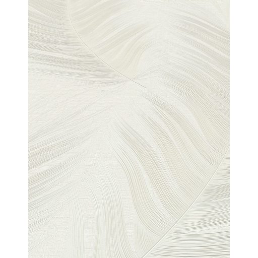 Finom rajzolatú tollszerkezetre emlékeztető nagyformátumú levél mintázat bézs és törtfehér tónus selyemfényű csillogás tapéta