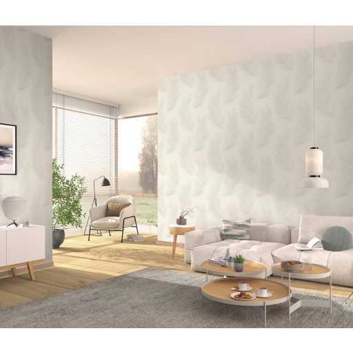 Finom rajzolatú tollszerkezetre emlékeztető nagyformátumú levél mintázat bézs és törtfehér tónus selyemfényű csillogás tapéta