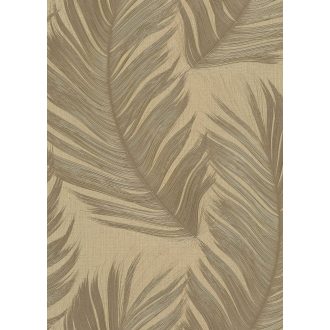   Finom rajzolatú tollszerkezetre emlékeztető nagyformátumú levél mintázat arany/aranybarna karamell és homokszín fémes csillogás tapéta