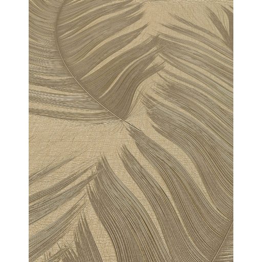 Finom rajzolatú tollszerkezetre emlékeztető nagyformátumú levél mintázat arany/aranybarna karamell és homokszín fémes csillogás tapéta