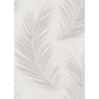   Finom rajzolatú tollszerkezetre emlékeztető nagyformátumú levél mintázat fehér és ezüstszürke tónus selymes csillogás tapéta