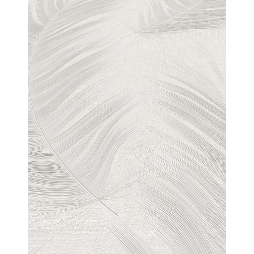 Finom rajzolatú tollszerkezetre emlékeztető nagyformátumú levél mintázat fehér és ezüstszürke tónus selymes csillogás tapéta