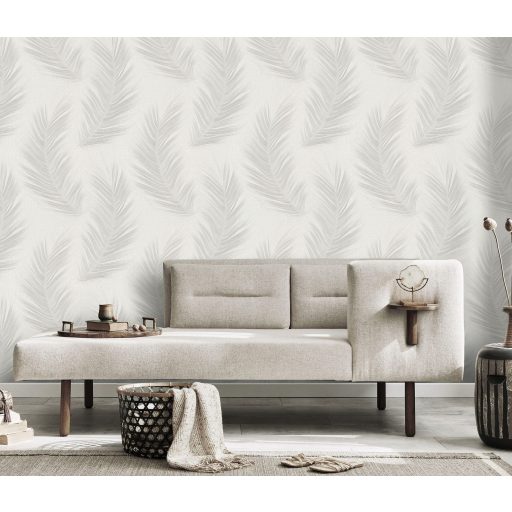 Finom rajzolatú tollszerkezetre emlékeztető nagyformátumú levél mintázat fehér és ezüstszürke tónus selymes csillogás tapéta