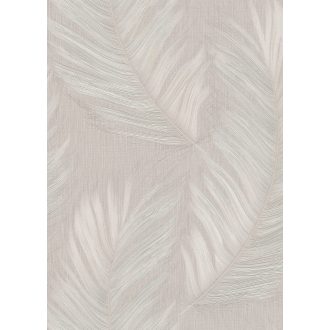   Finom rajzolatú tollszerkezetre emlékeztető nagyformátumú levél mintázat meleg bézs karamell és aranyos-homokszín fémes csillogás tapéta