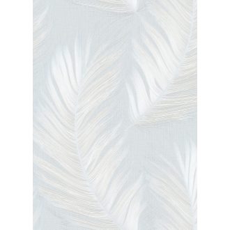   Finom rajzolatú tollszerkezetre emlékeztető nagyformátumú csillogó levél mintázat jégkék fehér és gyöngyház tónus selymes csillogás tapéta