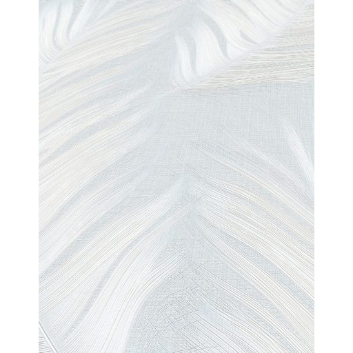 Finom rajzolatú tollszerkezetre emlékeztető nagyformátumú csillogó levél mintázat jégkék fehér és gyöngyház tónus selymes csillogás tapéta