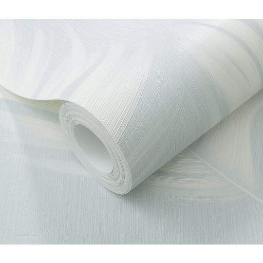 Finom rajzolatú tollszerkezetre emlékeztető nagyformátumú csillogó levél mintázat jégkék fehér és gyöngyház tónus selymes csillogás tapéta