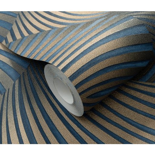 Ívelt sávokból építkező mozgás illúziót keltő dinamikus 3D minta sötétkék és arany tónus fémes hatás tapéta