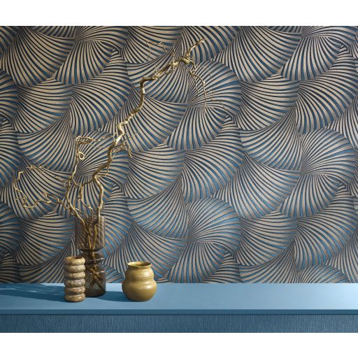 Ívelt sávokból építkező mozgás illúziót keltő dinamikus 3D minta sötétkék és arany tónus fémes hatás tapéta