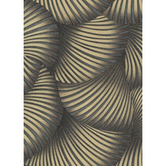   Ívelt sávokból építkező mozgás illúziót keltő dinamikus 3D minta sötétszürke/anracit és arany tónus fémes hatás tapéta