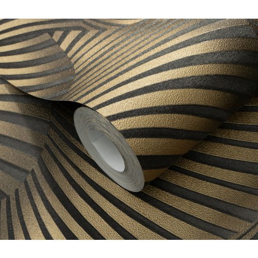 Ívelt sávokból építkező mozgás illúziót keltő dinamikus 3D minta sötétszürke/anracit és arany tónus fémes hatás tapéta