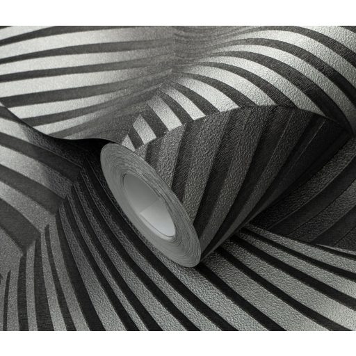 Ívelt sávokból építkező mozgás illúziót keltő dinamikus 3D minta szürke és ezüst tónus fémes hatás tapéta