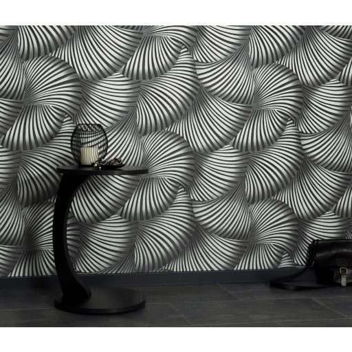 Ívelt sávokból építkező mozgás illúziót keltő dinamikus 3D minta szürke és ezüst tónus fémes hatás tapéta