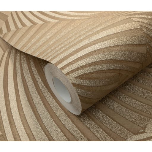 Ívelt sávokból építkező mozgás illúziót keltő dinamikus 3D minta meleg bézs aranybarna és arany tónus fémes hatás tapéta