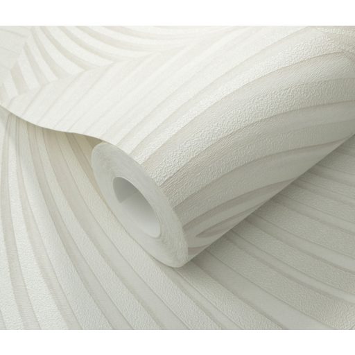 Ívelt sávokból építkező mozgás illúziót keltő dinamikus 3D minta krém/krémfehér eleféntcsont és ezüst tónus fémes hatás tapéta