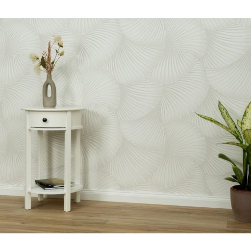 Ívelt sávokból építkező mozgás illúziót keltő dinamikus 3D minta krém/krémfehér eleféntcsont és ezüst tónus fémes hatás tapéta