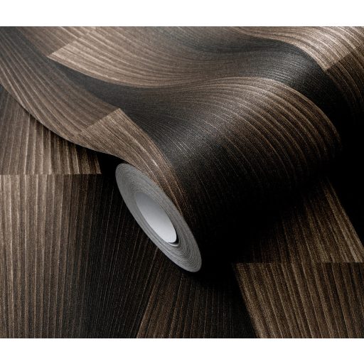 Extrém háromdimenziós hatású térbeli elemek hipnotikus mintája wenge bronz sötétbarna és aranyos-mokka tónus fémes hatás tapéta