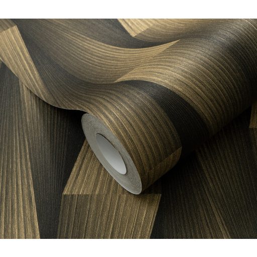 Extrém háromdimenziós hatású térbeli elemek hipnotikus mintája moha és olajzöld és arany/bézsarany tónus fémes hatás tapéta