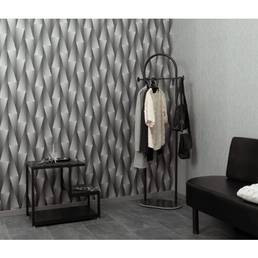 Extrém háromdimenziós hatású térbeli elemek hipnotikus mintája grafit ezüstszürke antracit és gyöngyszürke tónus fémes hatás tapéta