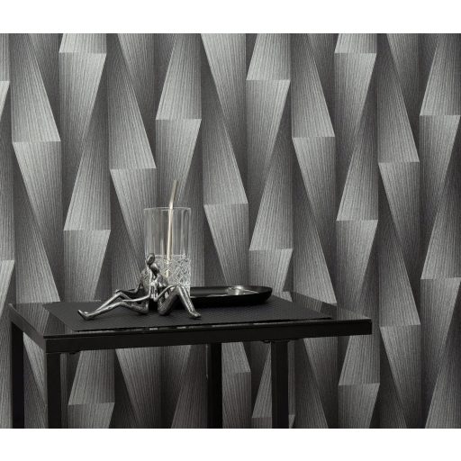 Extrém háromdimenziós hatású térbeli elemek hipnotikus mintája grafit ezüstszürke antracit és gyöngyszürke tónus fémes hatás tapéta