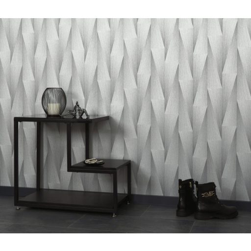 Extrém háromdimenziós hatású térbeli elemek hipnotikus mintája ezüstszürke és gyöngyházfehér tónus fémes hatás tapéta