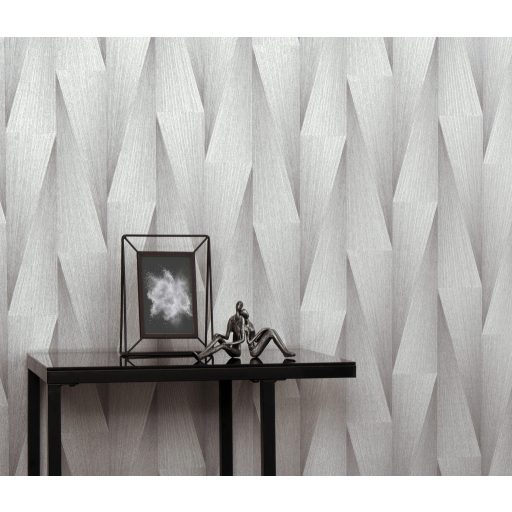 Extrém háromdimenziós hatású térbeli elemek hipnotikus mintája ezüstszürke és gyöngyházfehér tónus fémes hatás tapéta