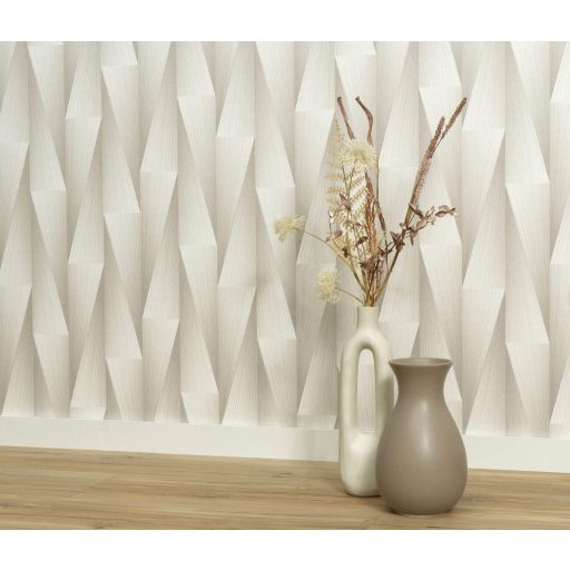 Extrém háromdimenziós hatású térbeli elemek hipnotikus mintája krém finom bézs és szürke tónus fémes hatás tapéta
