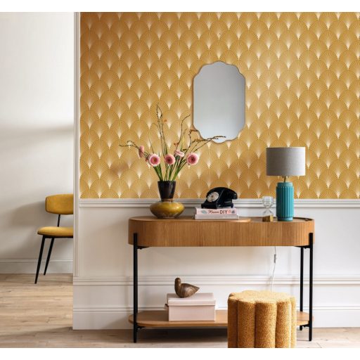 "Klasszikus" Art deco design - Elegáns legyezőminta (palmetta) arany ívekkel okkersárga bézs és arany tónus fémes hatás tapéta
