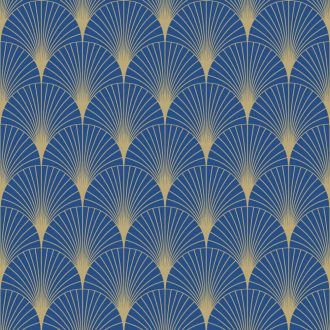   "Klasszikus" Art deco design - Elegáns legyezőminta (palmetta) arany ívekkel tengerkék és arany tónus fémes hatás tapéta
