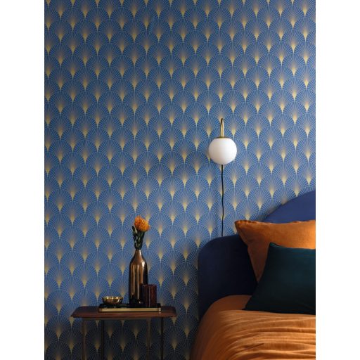 "Klasszikus" Art deco design - Elegáns legyezőminta (palmetta) arany ívekkel tengerkék és arany tónus fémes hatás tapéta